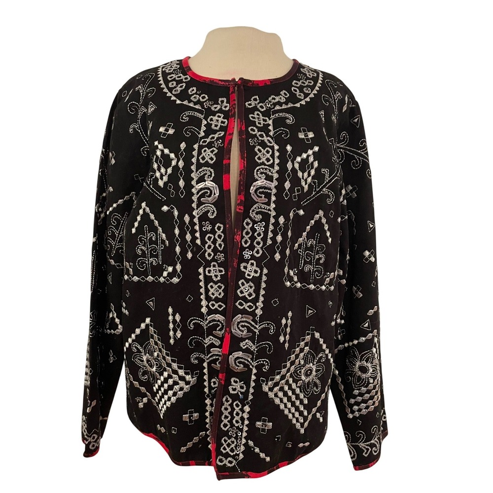 NOTATIONS Black Embroidered Jacket Silver Red Trim Women's L Boho Western VTG